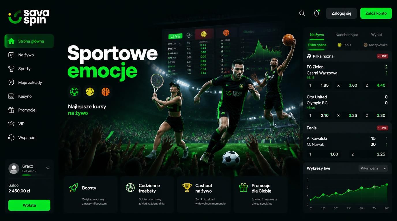 dynamiczny ekran z meczami sportowymi, kibice, kursy na żywo