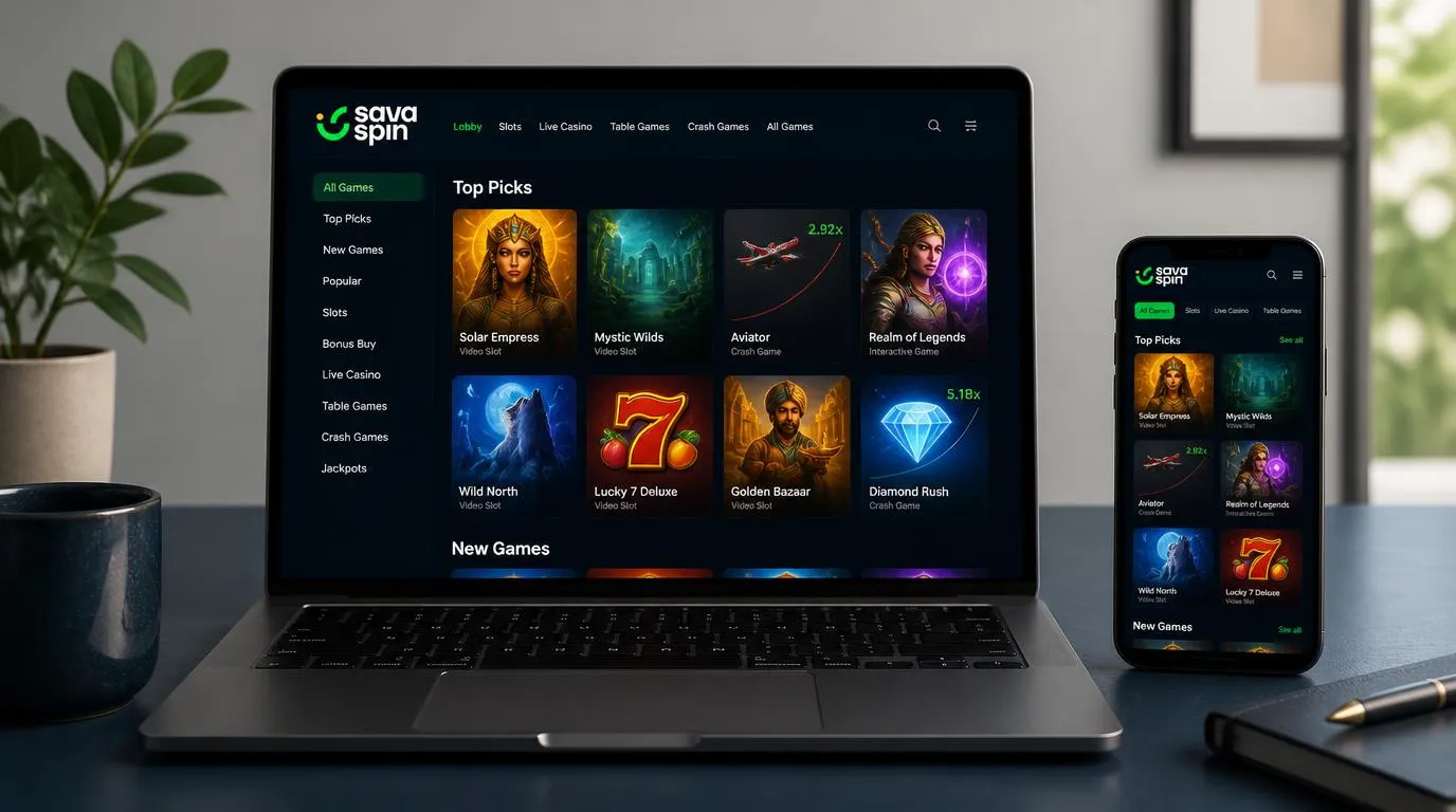 Katalog gier kasynowych na laptopie z kafelkami automatów i grą lotniczą na ekranie