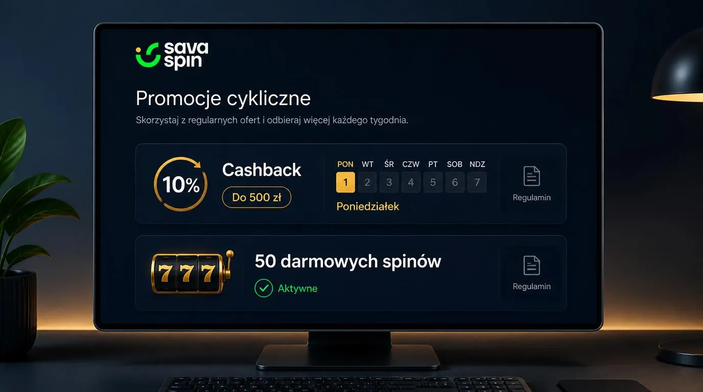 Panel promocji kasynowych z cashbackiem 10% do 500 zł, poniedziałkowym kalendarzem i 50 darmowymi spinami