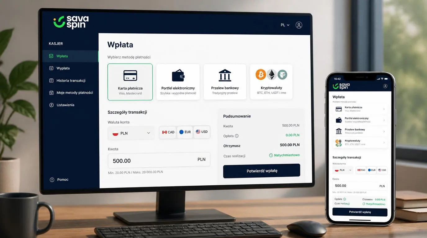 Panel kasjera z wyborem karty, portfela i kryptowalut oraz podglądem limitów i waluty PLN